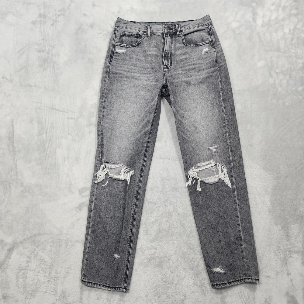 American Eagle Jeans Womens 8‎ LONG Gray High Rise Mom Distressed Relaxed Denim
